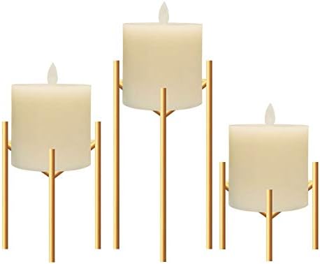 volnyus Metal Pillar Candle Holders Set of 3 Gold Candlesticks for Fireplace/Living Room/Dinning Room Table Candelabra Decoration Modern Art Classic Design with Geometric Shape
