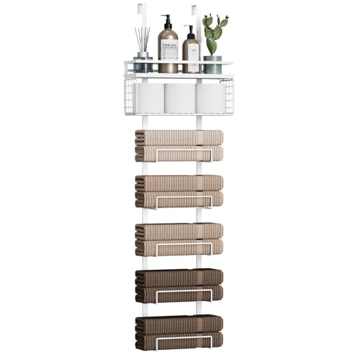 Aetyord Towel Racks for Bathroom Over The Door Towel Racks Towel Storage Organizer with Metal Shelf Basket for Bathroom Rv Camper (7-Tier White)