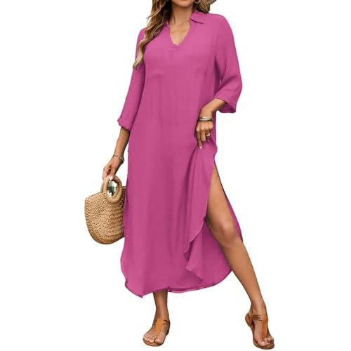 Bsubseach Womens Bathing Suit Cover Up V Neck Long Swimsuit Cover Up Beach Shirt Dress Swimwear with Pockets Hot Pink Large
