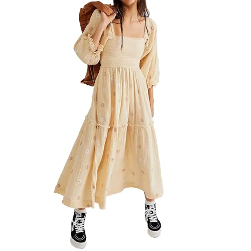 ABYOVRT Women Floral Embroidered Maxi Dress Long Puff Sleeve Square Neck Bohemian Flowy Dress with Pockets Summer Fall (Beige,L)
