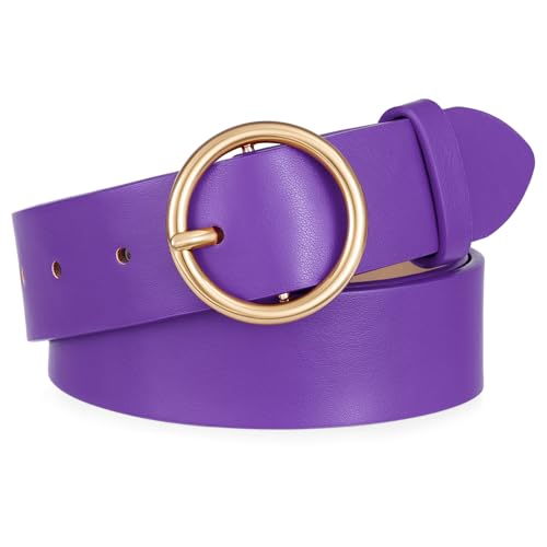 XZQTIVE Women Leather Belt with Circle Gold Buckle Fashion Ladies Waist Belt for Jeans Pants DressesPurple
