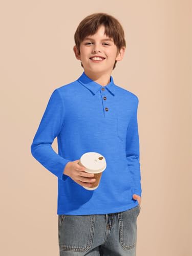 Image of Haloumoning Boys Long Sleeve Polo Shirts Kids Casual Button School Uniform Shirts with Chest Pocket 5-14 Years