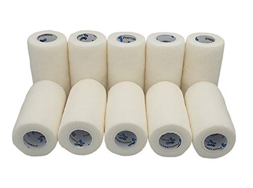 PintoMed - Venda Cohesiva - 10 x BLANCO - 10 rollos x 10 cm x 4,5 m estirado - Vendaje autoadhesiva elástica y flexible, Cinta adhesiva, Vet Wrap, Tape, Primeros auxílios y lesiones
