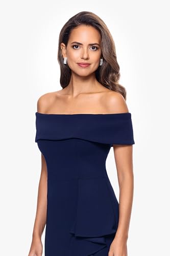 Image of Betsy & Adam Women's Women's Long Off Shoulder Cascade Ruffle Stetch Scuba Crepe Gown