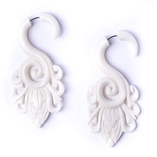81Stgeneration White Bone Flower Fake Ear Tapers For Women And Men - Fake Tribal Gauges - Fake Stretchers - Long Spiral Earrings - Bone Earrings Halloween - Floral Style Carved Bone Jewelry #TOP17