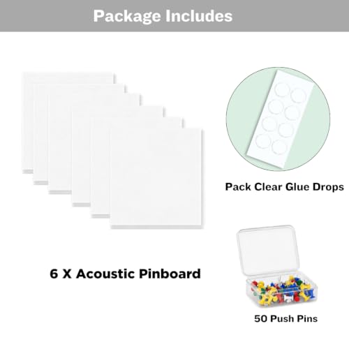 Image of QUIET CANVAS Acoustic Wall Square Pinboard, 1x1ft, Pack 6, 50PushPins White