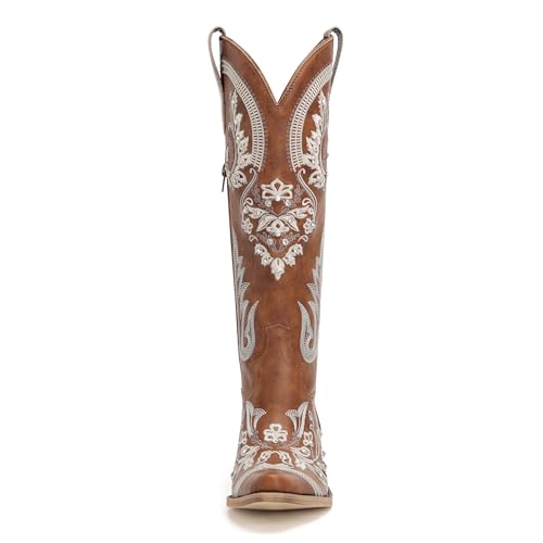 Image of vodvob Western Cowboy Boots for Women Rhinestone Knee High Cowgirl Snip Toe | Embroidery,Faux Leather Upper,Side Zipper,Pull-On Tabs,Chunky Heel,Wedding,Formal,Party,Country Concert