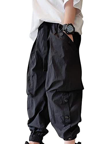 TTAO Pantalon Long Enfants Garçons Pantalon Cargo Multi-Poches Salopettes Ceinture Élastique Pants Lâche Décontractés Sportswear 5-14 Ans Noir 13-14 Ans Cover