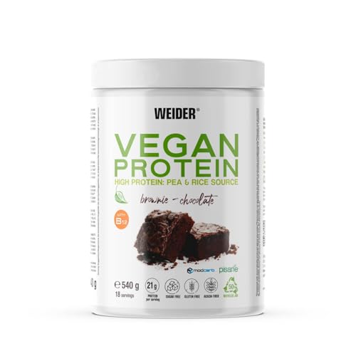 Weider Vegan Protein (540g) Brownie-Chocolate Flavour. Quality Protein 100% Plant-Based 21g/Serving, Pea Isolate (Pisane) & Rice. with Vitamin B12 & Stevia. Gluten Free, No Sugar. (18 Servings)