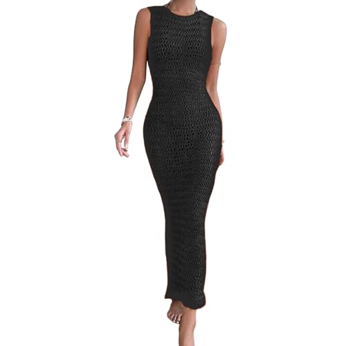 Vestido de playa para mujer largo y sin mangas con tejido calado de verano