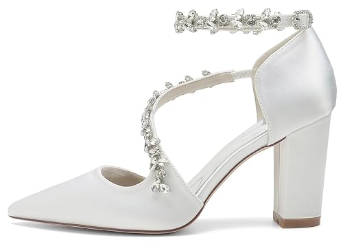 Minishion Shoes for Women Heels Ankle Strap Bridal Wedding Formal Party Pumps with Rhinestones BR1382