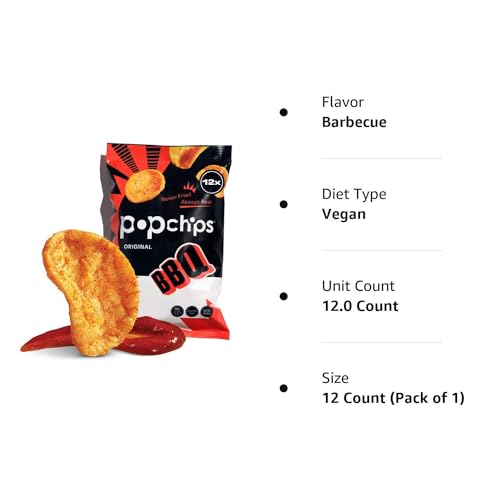 Popchips Potato Chips, BBQ, 12ct Single Serve 0.8oz Bags, Low-Calorie and Gluten Free, Salty Snacks for Adults and Children, Non-GMO, Vegan & Kosher Friendly, 100 Calories Per Bag