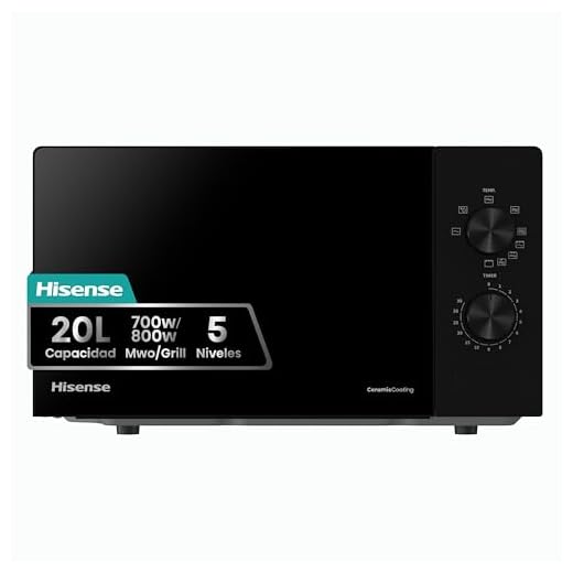 Hisense H20MOBP1G, Microondas con Grill, Capacidad de 20 L, 700 W de Potencia, 900 W Grill, 5 Niveles, Temporizador 30 Min, Modo Descongelar, Tirador, Color Negro