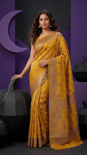 Craft Mania yellow banarasi silk saree in tussar silk – image 2