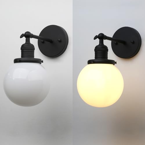 Image of Phansthy 1-Light Wall Sconce, Brass Boho Bathroom Vanity Light, Modern Wall Light with Globe Glass Shade E26 Base, Adjustable Wall Lighting Fixtures for Bedroom, Living Room (Black, White Shade)