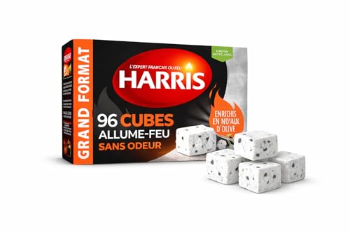 Harris - 96 Cubes Allume-Feu Super Puissants et sans Odeur - Enrichis en Noyaux d'olive - Idéal pour Barbecue, Cheminée, Poêle et Insert - Format Économique