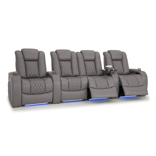Image of Seatcraft Diamante Gray Italian Leather Home Theater Seating, Zero Gravity Power Recliner Gaming and Home Office Chair, Powered Headrest Lounge Sofa Furniture Cinema Room, Row of 4 Middle Loveseats