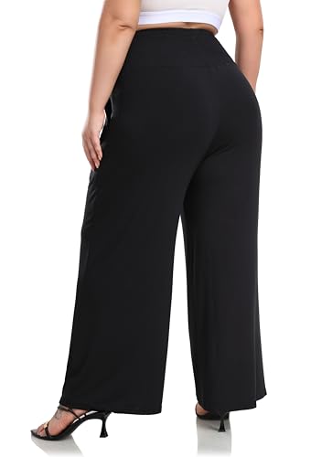ZERDOCEAN Women's Plus Size Palazzo Pants Wide Leg Smocked Waist Casual Loose Lounge Pants with Pockets3