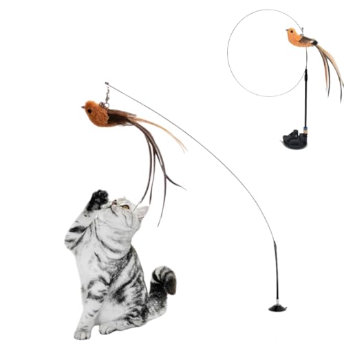 Brinquedo Interativo para Gatos, Varinha com Pássaro, Base com Ventosa, Altura Ajustável