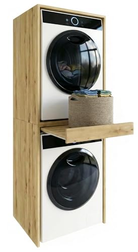 möbelkap ModernHome Waschmaschinenregal für Waschmaschine und Trockner | Waschturm Schrank mit ausziehbarer Ablage | Waschraum Möbel | Weiß | Schrank für Waschküche mit Stauraum