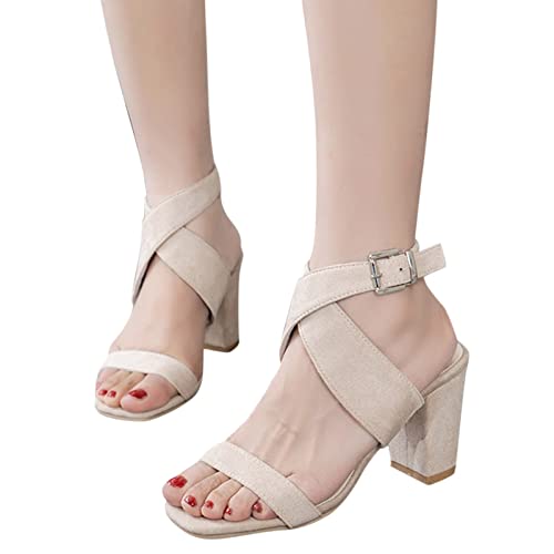 Sandales à talon haut beige à boucle réglable et sangle croisée tendance