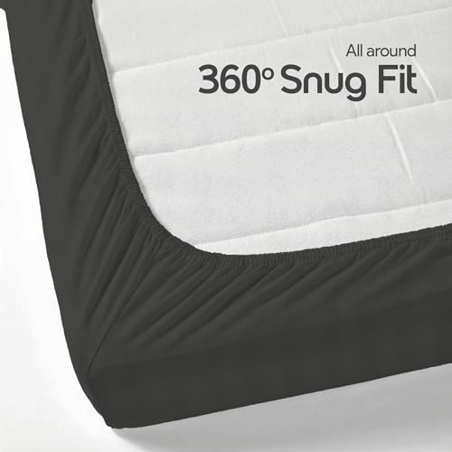 Image of LINENWALAS Cotton 300 TC Fitted Bed Sheet for Queen Bed | Signature 2 CM Sateen Stripe Design | All-Around Elastic for 4-8 Inch Mattresses |Luxury Hotel-Style Bedding (60 x 78, Dark Grey)