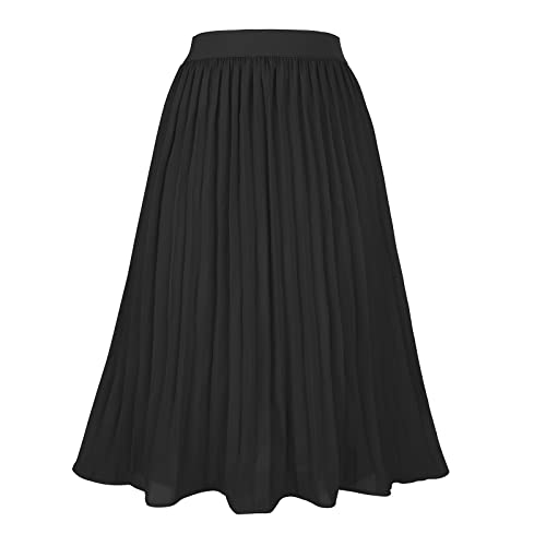 Womens High Waist Pleated Skirt Chiffon Midi Skirts for Women Swing Maxi A Line Skirt Elastic Flare Skirts Black 2XL