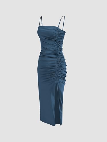 CIDER Solid Satin Ruched Split Midi Cami Dress2