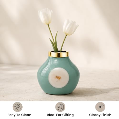 Image of Urban Born Decorative Vase Flower for Living Room & Dining Table | Ceramic Decorative Vases for Home Decor | Stylish Home Decor Vases | Aqua (15 X 15 X 15 CM)