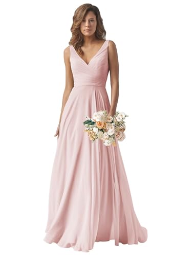 Image of Sukleet Blush Pink V Neck Bridesmaid Dresses for Women Ruched Chiffon Long Formal Evening Gowns Size 16