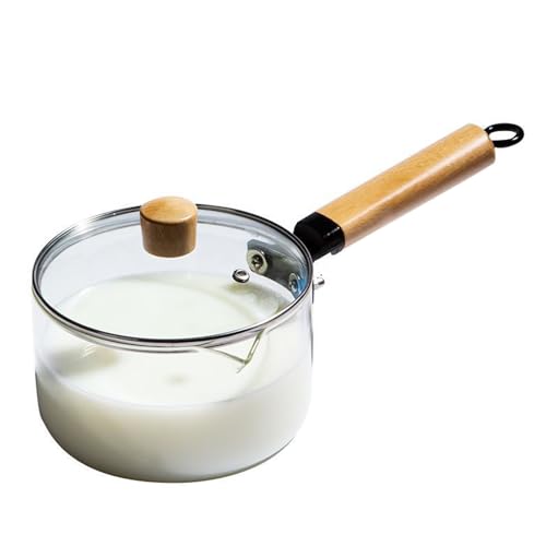 RSBFER Glass Milk Pot, Clear Saucepan with Wooden Handle and Lids, V Shaped Spout Simmer Pot Cookware for Ramen, Hot Milk