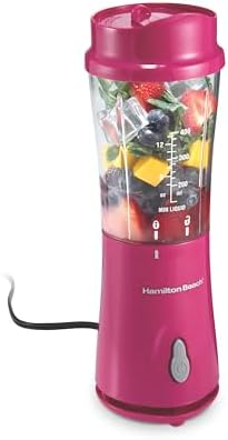 Hamilton Beach Portable Blender for Shakes and Smoothies, 14 Oz BPA Free Travel Cup & Lid, Durable Stainless Steel Blades, Personal Smoothie Blender, Raspberry, 51131G
