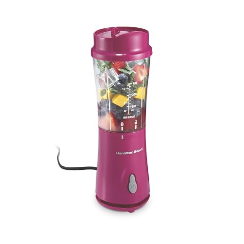 Hamilton Beach Portable Blender for Shakes and Smoothies, 14 Oz BPA Free Travel Cup & Lid, Durable Stainless Steel Blades, Personal Smoothie Blender, Raspberry, 51131G