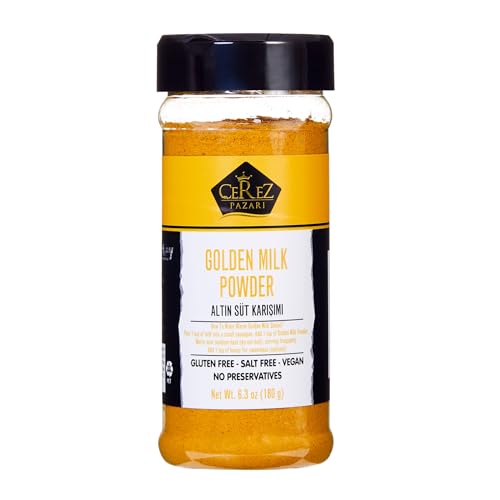 Cerez Pazari Golden Milk Powder 6.3 oz Turmeric Latte Mix with Ginger Cinnamon Black Pepper Caffeine-Free Vegan Non-GMO Ayurvedic Inspired Blend for Relaxing & Soothing Drinks