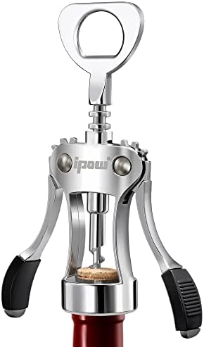 IPOW Wine Opener, Zinc Alloy Wine Bottle Opener, Wing Corkscrew Heavy Duty, Manual Multifunctional Cork Screw for Waiter, Silver