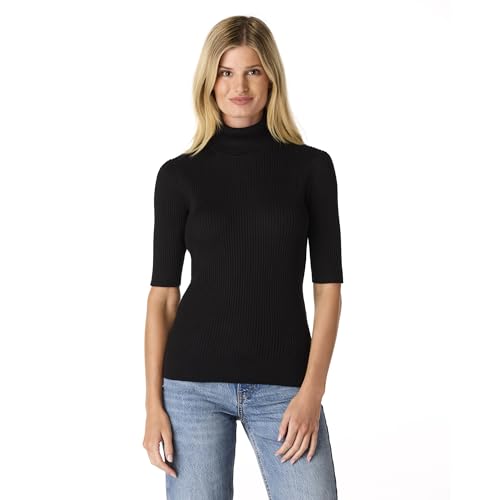 Cable & Gauge Women's Short Sleeve Mock Neck Sweater - Soft Knit Fabric, Ribbed Texture, Elbow-Length Sleeves, Casual Top