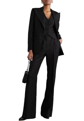 Women’s 3 Pieces Outfits Stripe Office Lady Suit Peak Lapel Work Blazer Vest Pant