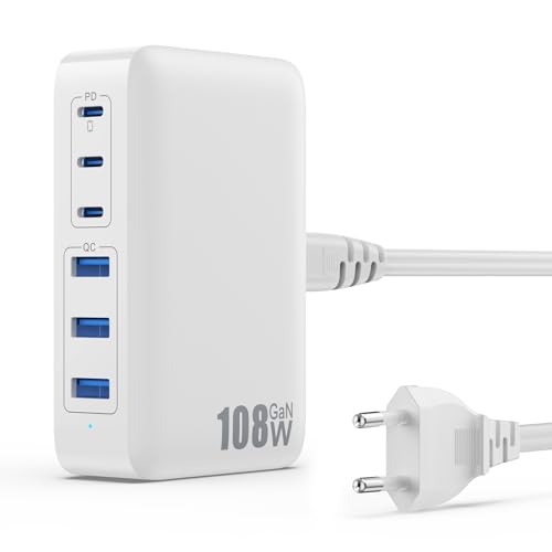 108W Cargador USB C Multiple, GAN III 6-Port USB C Cargador Portátil, PD 3.0+QC Carga Rápida Phone Adaptador con 3 Tipo C y 3 USB-A Estación de Carga para iPhone 16/15 Sumsung Airpod iPad Switch etc