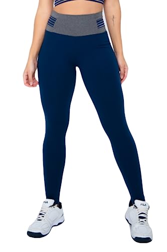 Calça Legging Poliamida Azul Marinho com Cós Mescla (M, Azul Marinho)