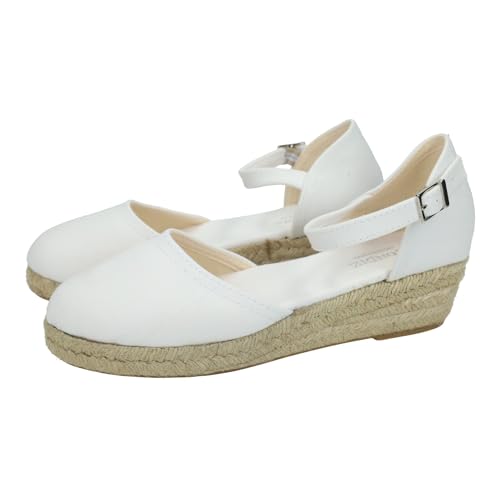 CONDIZ 261 Esparteñas Blancas de comunion para niñas, con un Poco de cuña y Hebilla, Puntera Cerrada, Sencillas sin Adornos NIÑA Zapato COMUNIÓN Blanco 38