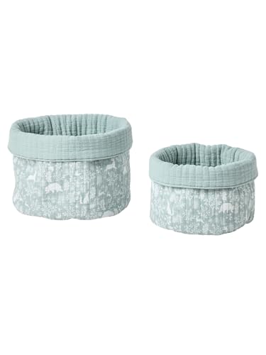 VERTBAUDET Lot de 2 petits paniers de rangement réversibles DANS LES BOIS vert sauge TU