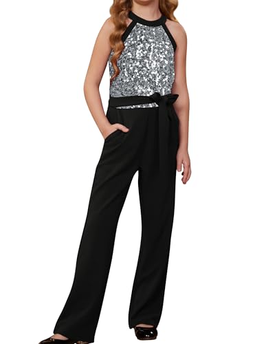 Image of GRACE KARIN Kids Girls One Piece Jumpsuit with Pockets High Waist Flared Jumpsuit with Belt Silver Sequins 12-13 Years