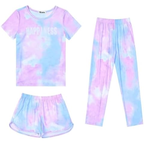 Mirawise Girls Pajamas Tie Dye Sleepwear Size 10 11 3 Piece Pjs Set Short Sleeves Long Pants Sets Summer Pj Cotton Jammies Cover