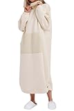 ReachMe Womens Oversized Long Sweatshirt Fleece Dress Turtleneck Pullover Plush Lounge Maxi Dress with Kangaroo Pocket(Beige,XL)