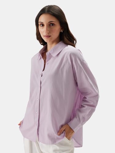 Image of The Souled Store Solids: Lavender Women and Girls Loose fit Full Sleeve Cotton and Linen Lavender Color Women Boyfriend Shirts