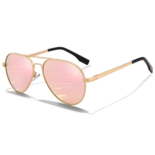 LOJUDI Polarised Small Pilot Sunglasses - Womens Mens Small Faces Sun Glasses with UV400 Protection-52mm-Gold Frame/Pink Mirrored