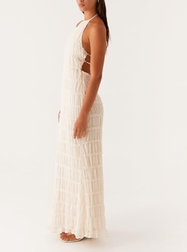 Image of Women Halter Neck Maxi Dress Sleeveless Lace Tiered Smocked Long Dress Sexy Backless Party Vacation Beach Sundress Apricot