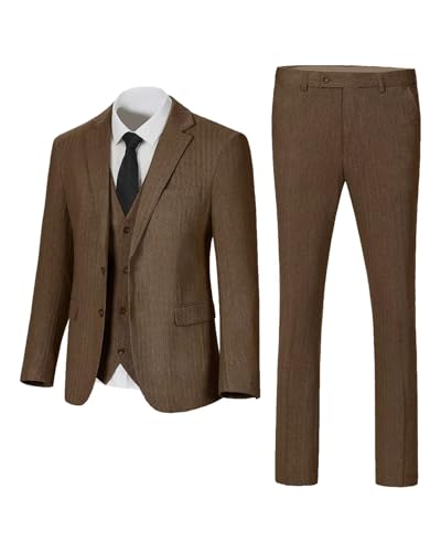 Image of Retro 3 Piece Suit Tweed Herringbone Men's Suits Slim Fit Jacket Vest Pant | Tweed Wool Blend Retro 3 Piece Suit Herringbone Men's Suits Vintage Wedding Groom Tux Set Dress Prom Single Breasted Jacket