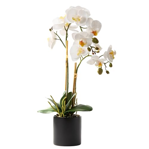 17″ Fake White Orchid Flowers in Ceramic Pot,Real Touch Orchids Artificial Flowers Potted Plant,Faux Phalaenopsis Flowers Potting for Home Wedding Table Centerpiece Bathroom Office Decor