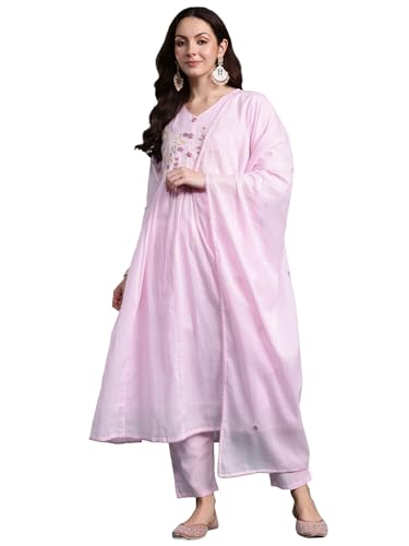 Image of INDO ERA Women's Pure Cotton Embroidered A-Line Kurta & Pant with Dupatta Set | Cotton kurta sets for women